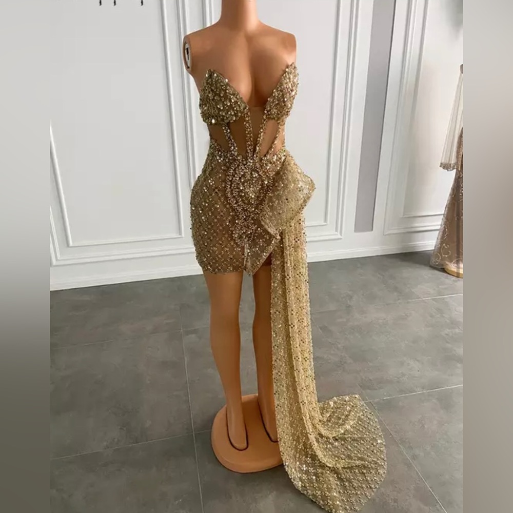 Gold Sequined Short Prom Dresses/ birthday dress